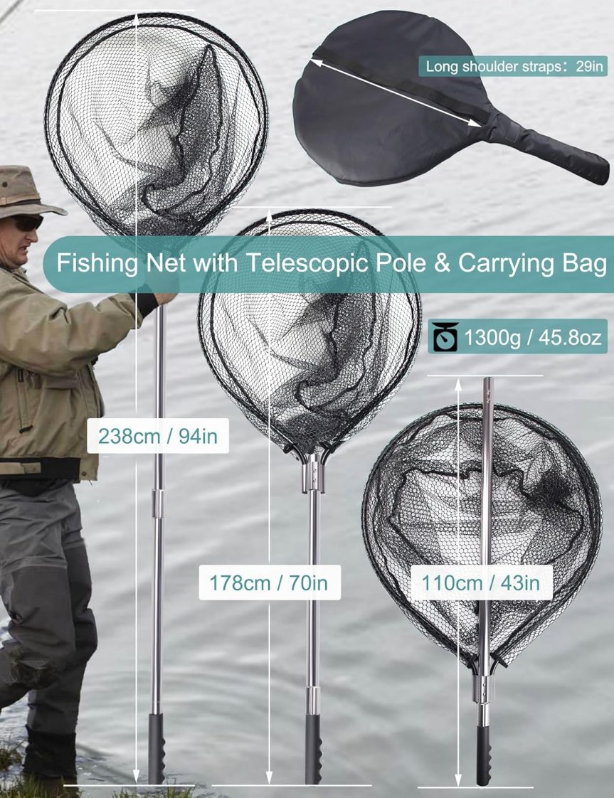 Avlcoaky Rubber Fishing Net - Large Saltwater Fishing Landing Net with Telescoping Handle for Kayak Fishing - Extends 70 to 94 Inch, 27.5 Inch Depth - Image 2