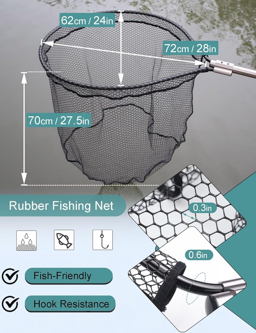 Avlcoaky Rubber Fishing Net - Large Saltwater Fishing Landing Net with Telescoping Handle for Kayak Fishing - Extends 70 to 94 Inch, 27.5 Inch Depth - Image 3
