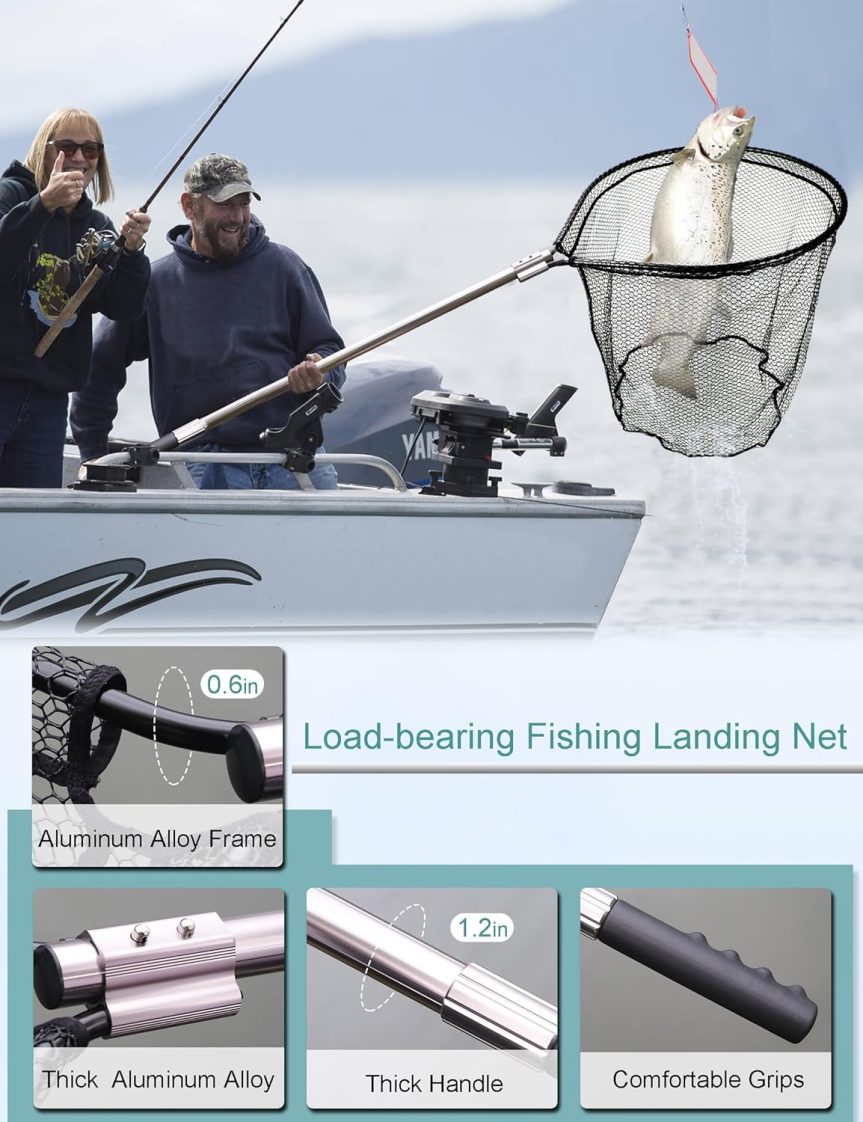 Avlcoaky Rubber Fishing Net - Large Saltwater Fishing Landing Net with Telescoping Handle for Kayak Fishing - Extends 70 to 94 Inch, 27.5 Inch Depth - Image 4
