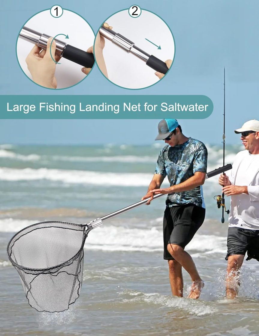 Avlcoaky Rubber Fishing Net - Large Saltwater Fishing Landing Net with Telescoping Handle for Kayak Fishing - Extends 70 to 94 Inch, 27.5 Inch Depth - Image 6