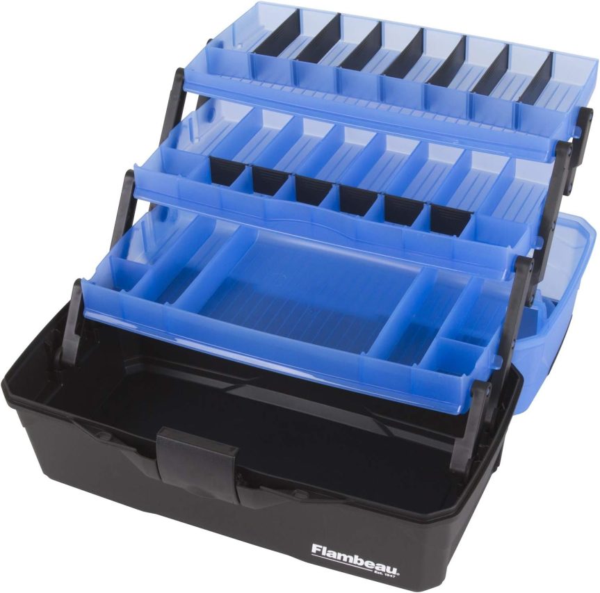Flambeau Outdoors 6383FB 3-Tray Tackle Box - Classic Fishing Lure Storage Organizer, Large Portable Tackle Box, 32 Tray Compartments, Frost Blue/Black - Image 3