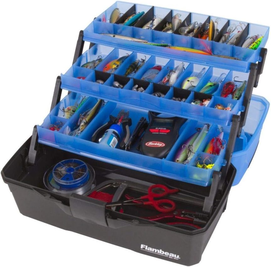 Flambeau Outdoors 6383FB 3-Tray Tackle Box - Classic Fishing Lure Storage Organizer, Large Portable Tackle Box, 32 Tray Compartments, Frost Blue/Black - Image 4