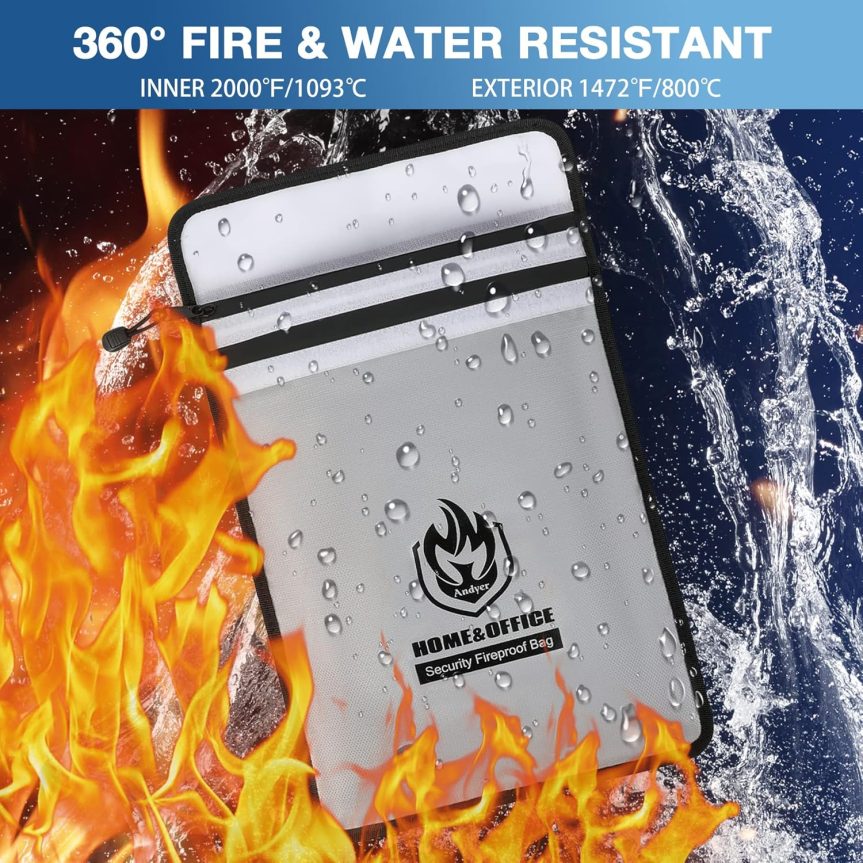 Upgraded Two Pockets Fireproof Document Bag (2000℉), andyer 15”x 11”Waterproof Fireproof Money Bag for Cash with Zipper, Important Document Storage Organizer for Valuables, Legal Documents Safe