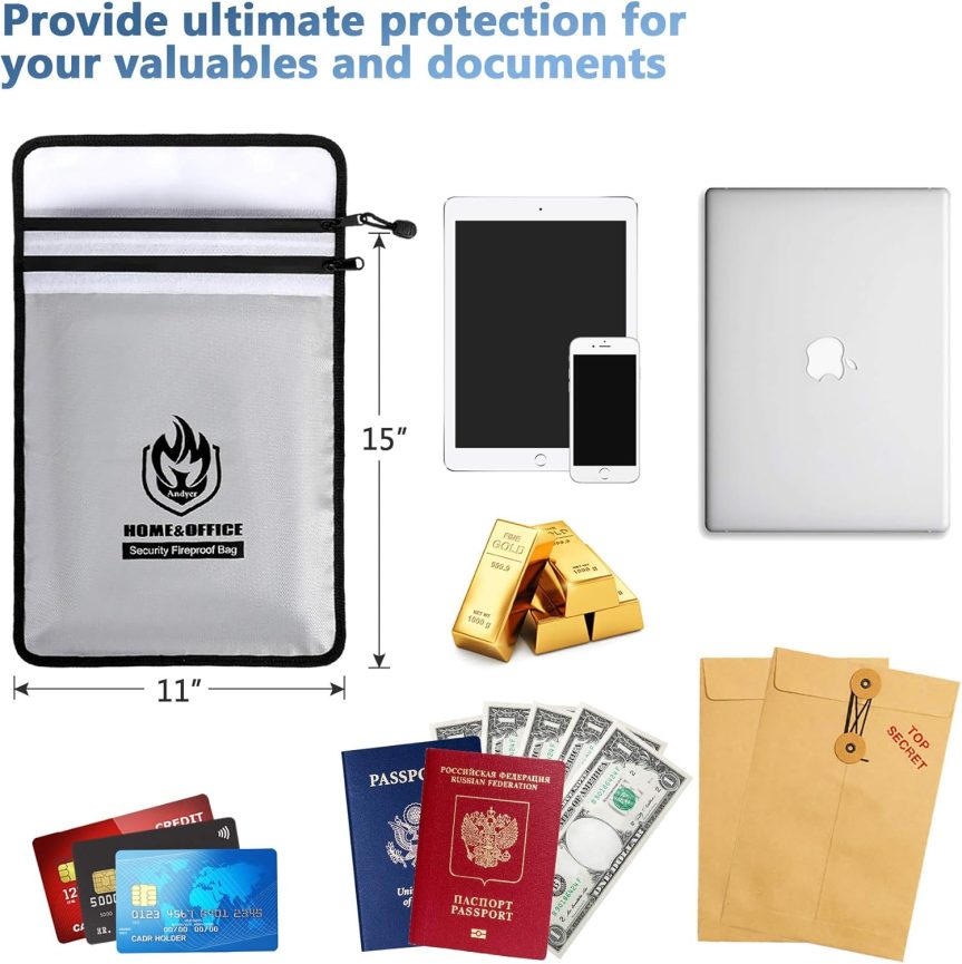 Upgraded Two Pockets Fireproof Document Bag (2000℉), andyer 15”x 11”Waterproof Fireproof Money Bag for Cash with Zipper, Important Document Storage Organizer for Valuables, Legal Documents Safe - Image 5